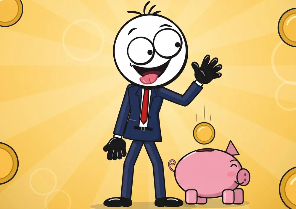 Bob Stickman waves next to his piggy bank while a coin drops in